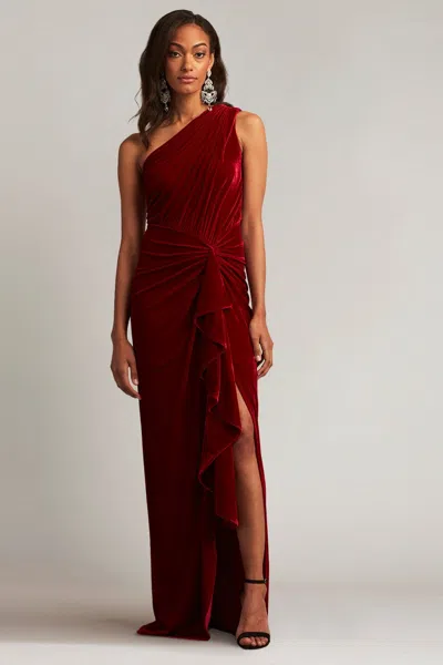 Tadashi Shoji Official Online Boutique Lotten Waterfall Drape Evening Gown In Flame