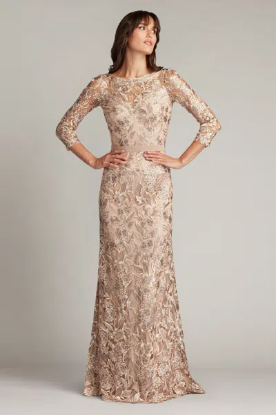 Tadashi Shoji Official Online Boutique Marcel Embroidered Illusion Gown In Pebble