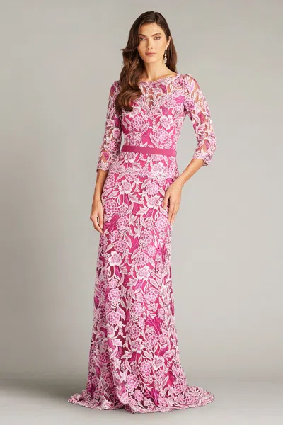 Tadashi Shoji Official Online Boutique Marcel Embroidered Illusion Gown In Water Lily