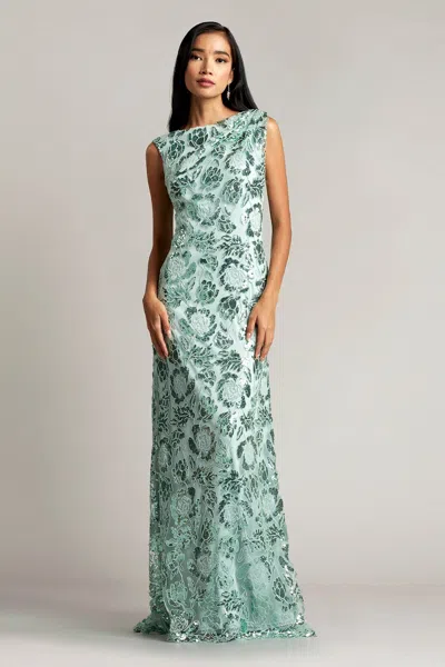 Tadashi Shoji Official Online Boutique Marina Sequin Embroidered Draped Back Gown In Frosted Jade