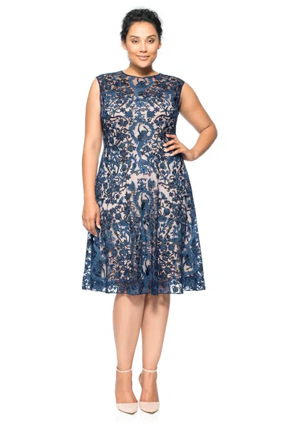 Tadashi Shoji Official Online Boutique Mermaid Embroidered Tulle Sleeveless Flare Skirt Dress In Blue