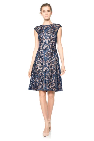 Tadashi Shoji Official Online Boutique Mermaid Embroidered Tulle Sleeveless Flare Skirt Dress In Blue
