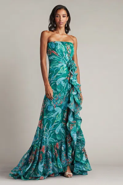 Tadashi Shoji Official Online Boutique Morwenna Oceanic Print Ruffle Gown In Bamboo