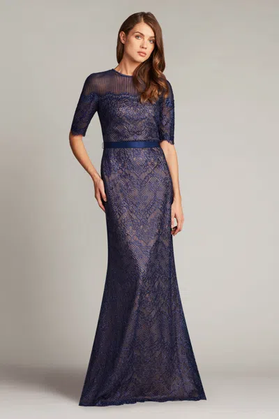 Tadashi Shoji Official Online Boutique Oden Belted Lace Gown In Navy