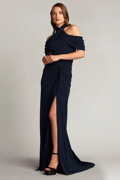 Tadashi Shoji Official Online Boutique Pruitt Draped Cold-shoulder Gown In Midnight