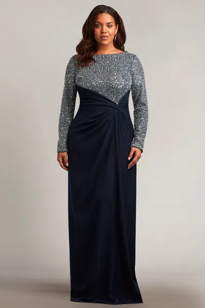 Tadashi Shoji Official Online Boutique Rhys Embellished Twist Drape Gown In Navy