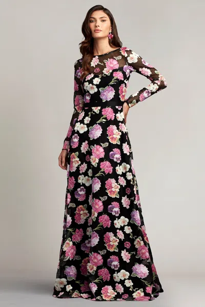Tadashi Shoji Official Online Boutique Rumi Floral Illusion Gown In Black/floral