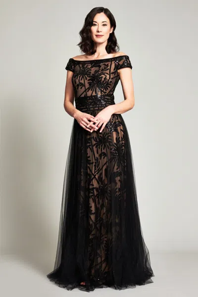 Tadashi Shoji Official Online Boutique Saeko Shimmering Tulle Gown In Black/nude
