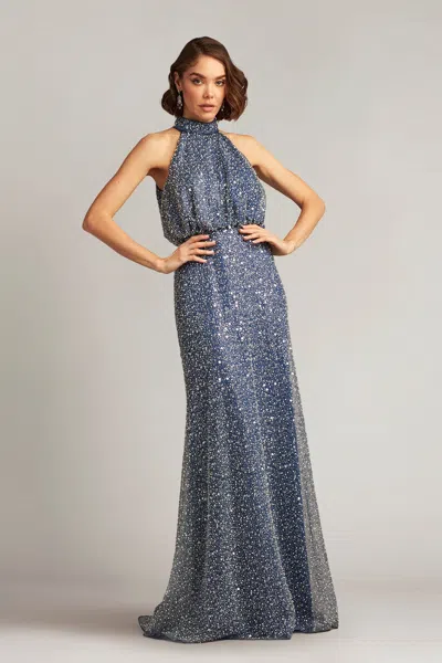 Tadashi Shoji Official Online Boutique Senna Embellished Halter Gown In Mystic Blue