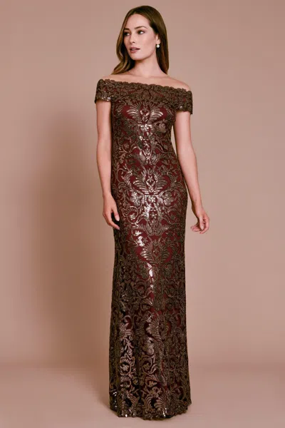 Tadashi Shoji Official Online Boutique Virgo Sequin Corded Embroidered Gown In Burgundy