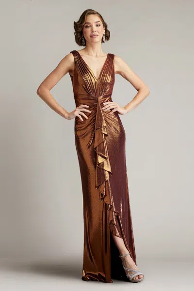 Tadashi Shoji Official Online Boutique Vox Metallic Waterfall Drape Gown