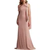 Tadashi Shoji Cassia Bow-shoulder Crepe Gown In Nude