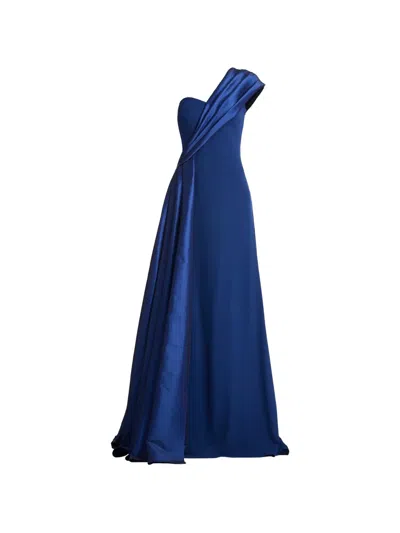 Tadashi Shoji One-shoulder Draped Crepe Gown In Blue