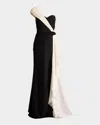 Tadashi Shoji Textured Crepe Gown With Contrast Drape In Black/ivory