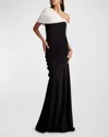 Tadashi Shoji One-shoulder Draped Crepe Gown In Blackivory