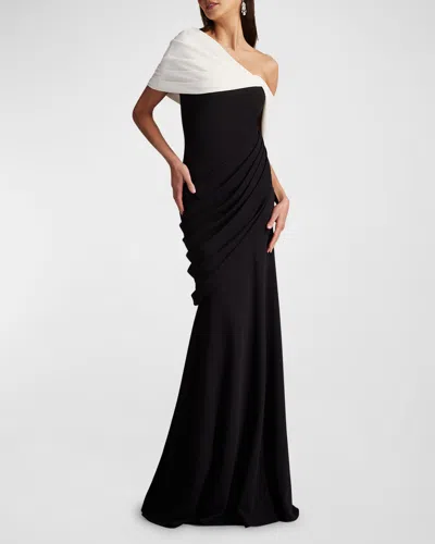 Tadashi Shoji One-shoulder Draped Crepe Gown In Black/ivory
