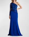 Tadashi Shoji One-shoulder Embroidered Sequin Lace Gown In Blue Bell