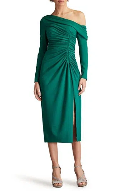 Tadashi Shoji One-shoulder Long Sleeve Crepe Cocktail Midi Dress In Green