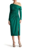 Tadashi Shoji One-shoulder Long Sleeve Crepe Cocktail Midi Dress In Emerald