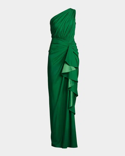 TADASHI SHOJI ONE-SHOULDER SHIRRED RUFFLE GOWN