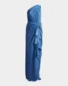 Tadashi Shoji One-shoulder Shirred Ruffle Gown In Blue