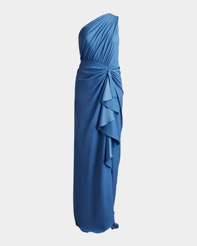 Tadashi Shoji One-shoulder Shirred Ruffle Gown In Blue