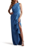 Tadashi Shoji One-shoulder Shirred Ruffle Gown