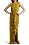Tadashi Shoji One-shoulder Side Ruffle Gown In Gold