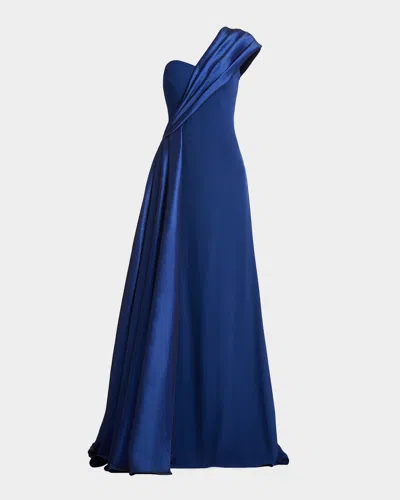 Tadashi Shoji One-shoulder Draped Crepe Gown In Blue