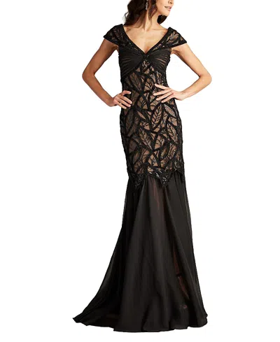 Tadashi Shoji Sequin Leaf Detail Trumpet Gown In Bk/nd