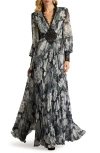 Tadashi Shoji Floral Print Georgette Long Sleeve Gown In Ivory/black
