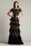 Tadashi Shoji Tiered Off-shoulder Sequin Lace Gown In Multi