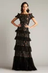 Tadashi Shoji Tiered Off-shoulder Sequin Lace Gown In Black