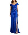 Tadashi Shoji Pleated Off-the-shoulder Gown In Blue