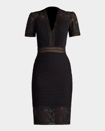 Tadashi Shoji Bos25212m Short Lace Pleated Cocktail Dress In Black