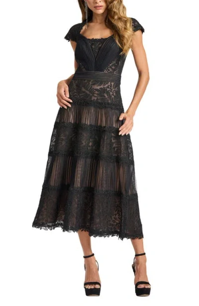 Tadashi Shoji Pintuck Pleat Embroidery Detail Cocktail Midi Dress In Black