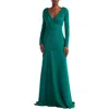 Tadashi Shoji Pleated Long-sleeve Maxi Dress In Green