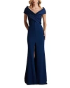 Tadashi Shoji Pleated Bodice Off Shoulder Gown In Navy