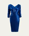 Tadashi Shoji Pleated Bodycon Metallic Jersey Midi Dress In Mystic Blue