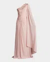 Tadashi Shoji Sequin Leaf Detail One-shoulder Chiffon Gown In Adobe Blush