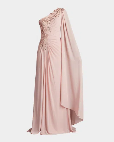 TADASHI SHOJI PLEATED CAPE-SLEEVE SEQUIN APPLIQUE GOWN