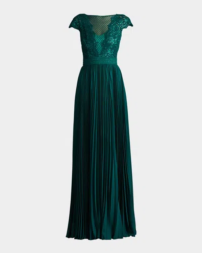 TADASHI SHOJI PLEATED CHIFFON & SEQUIN LACE GOWN