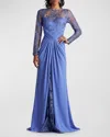 TADASHI SHOJI PLEATED CREPE & EMBROIDERED LACE GOWN