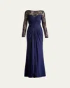 Tadashi Shoji Floral Embroidery Long Sleeve Mixed Media Gown In Notte