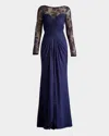 Tadashi Shoji Floral Embroidery Long Sleeve Mixed Media Gown In Notte