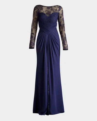 TADASHI SHOJI PLEATED CREPE & EMBROIDERED LACE GOWN