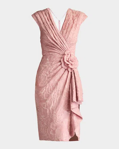 TADASHI SHOJI PLEATED FLORAL APPLIQUE JACQUARD DRESS