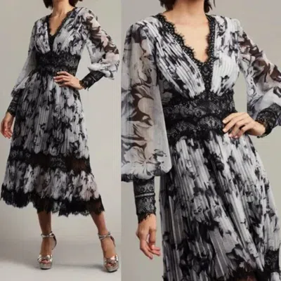 Pre-owned Tadashi Shoji Pleated Floral Chiffon Lace Midi Dress Black Floral Size 2
