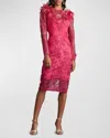 TADASHI SHOJI PLEATED FLORAL-EMBROIDERED ILLUSION MIDI DRESS