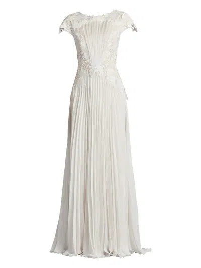 TADASHI SHOJI PLEATED LACE-EMBELLISHED GOWN